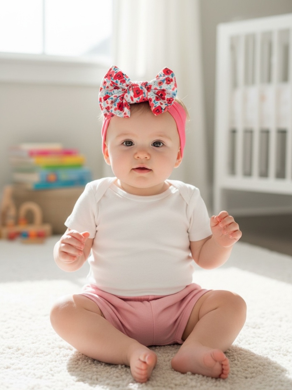 pink Ditsy Daisy knotted baby headband with a floral-patterned bow
